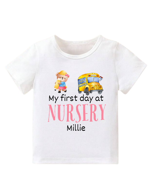 Personalised Pink ‘First Day at Nursery’ Print T-Shirt