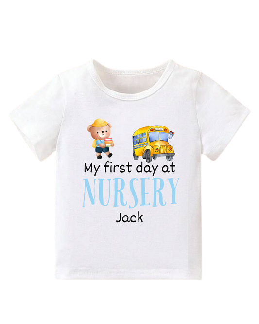 Personalised Blue ‘First Day at Nursery’ Print T-Shirt