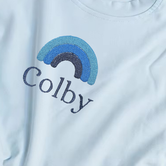 Blue Rainbow Oversized T-Shirt Romper with personalised embroidery - Tiny Treds