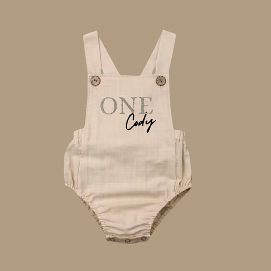 First Birthday Dungaree Romper with embroidered design - Tiny Treds