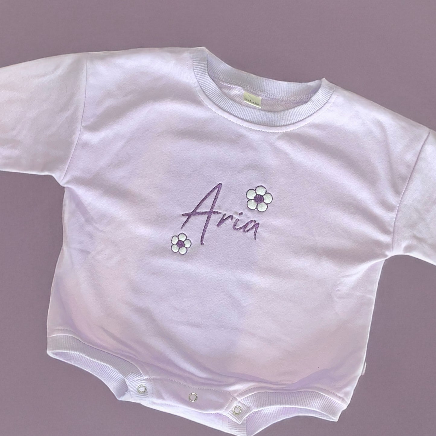 Embroidered Personalised Lilac Sweatshirt Romper with Glitter Flowers