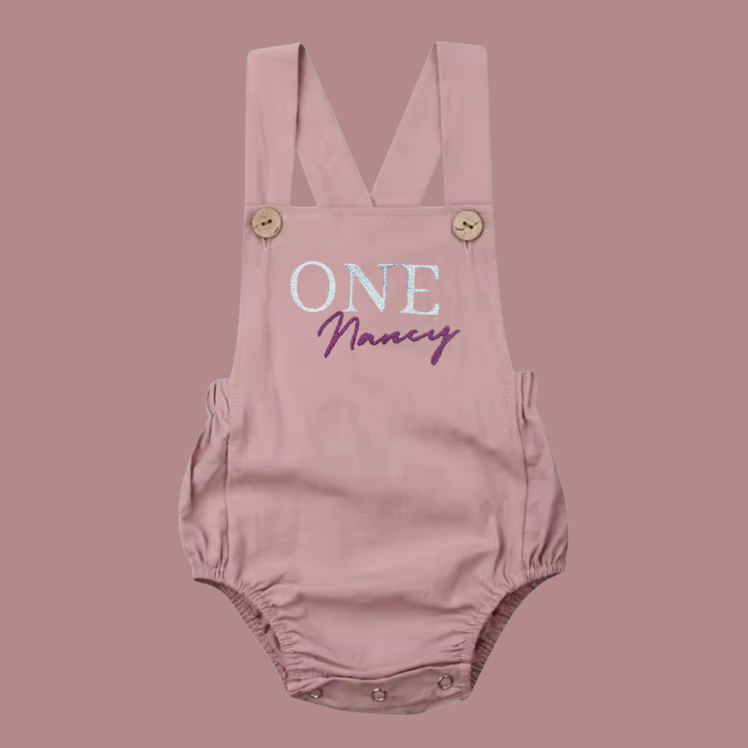 First Birthday Dungaree Romper with embroidered design - Tiny Treds