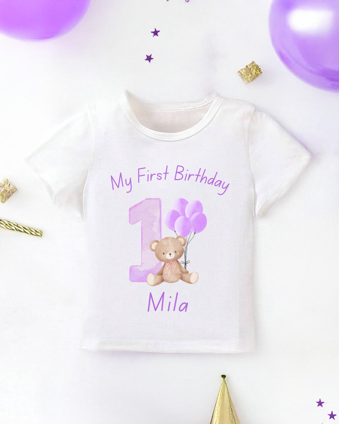 Personalised Lilac Teddy Bear Print First Birthday T-Shirt