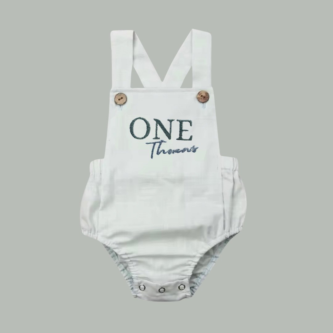 First Birthday Dungaree Romper with embroidered design - Tiny Treds