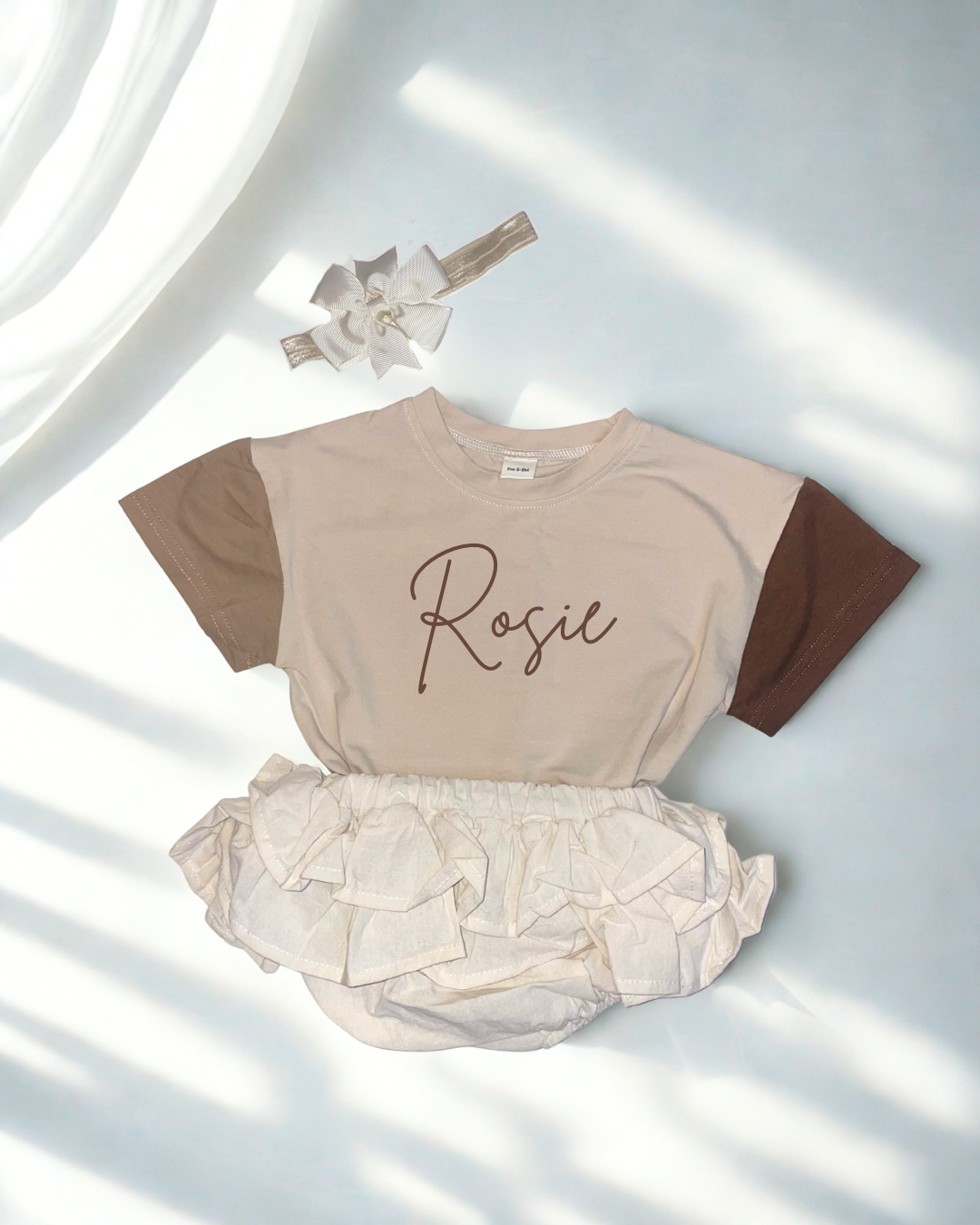 Personalised Beige and Brown Trio Colour Set with Cream Frill Skirt, for Occasions and Birthday