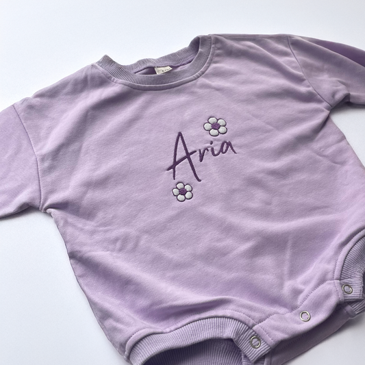 Embroidered Personalised Lilac Sweatshirt Romper with Glitter Flowers