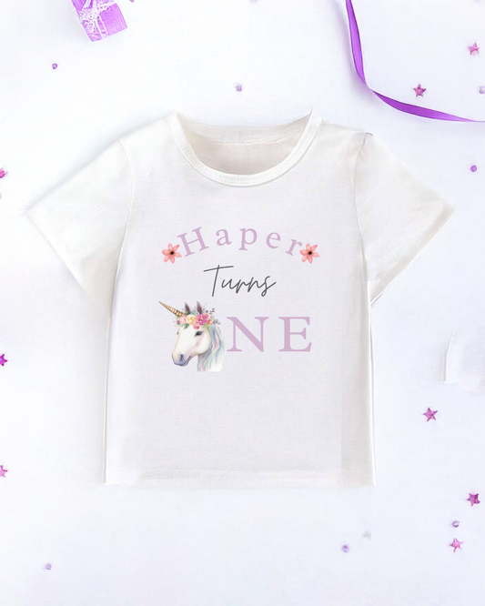Personalised Unicorn Print First Birthday T-Shirt