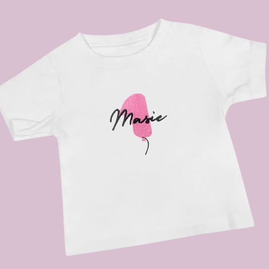 Pink First Birthday Balloon Embroidered Personalised T-Shirt