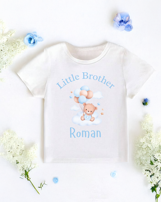 Personalised ‘Little Brother’ Blue Teddy Print T-Shirt