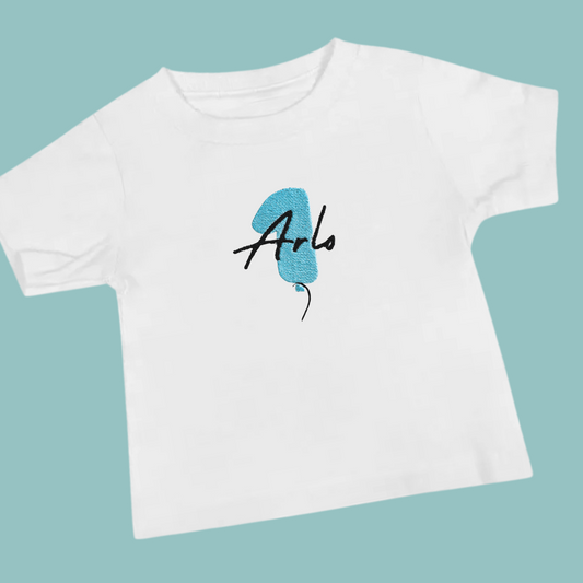 Blue First Birthday Balloon Embroidered Personalised T-Shirt