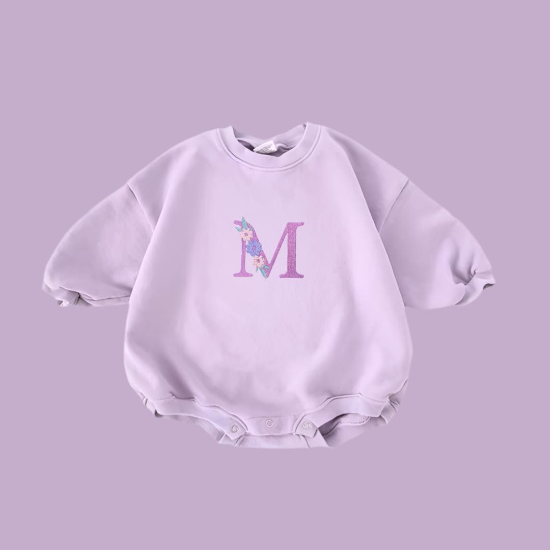 Lilac Floral Initial Sweatshirt Romper with Personalised Embroidery - Tiny Treds