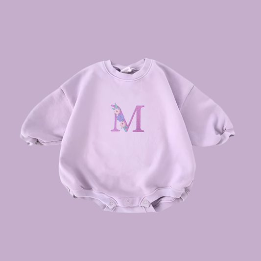 Lilac Floral Initial Sweatshirt Romper with Personalised Embroidery - Tiny Treds