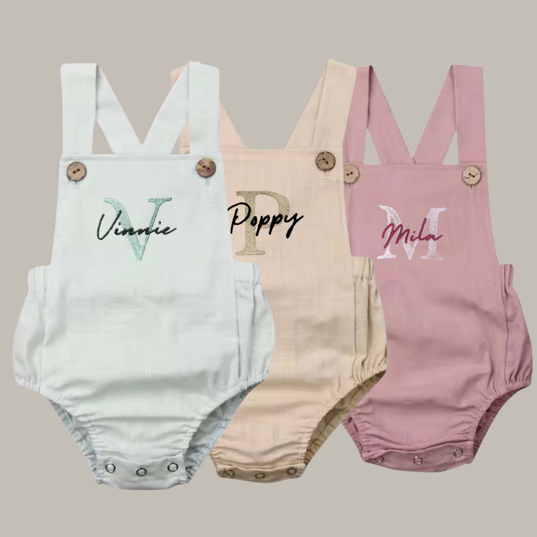 Dungaree Romper Personalised with Embroidered Name - Tiny Treds