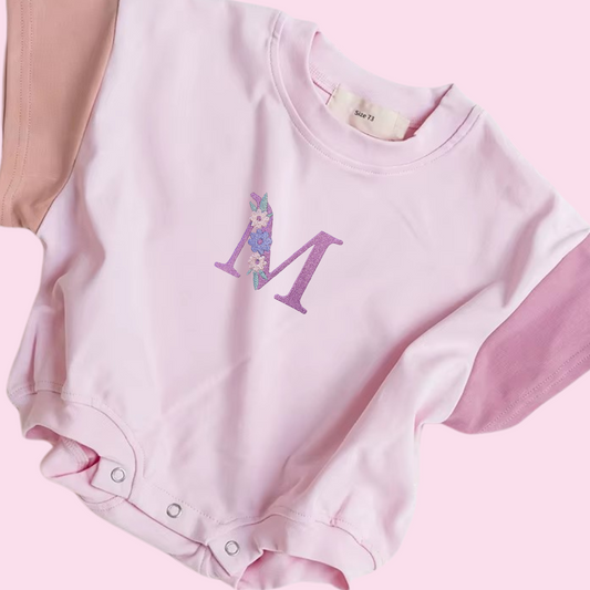 Floral Pink Oversized T-Shirt Romper with personalised embroidery - Tiny Treds