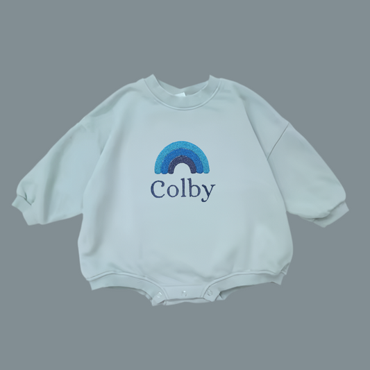 Blue Rainbow Sweatshirt Romper with Personalised Embroidery - Tiny Treds