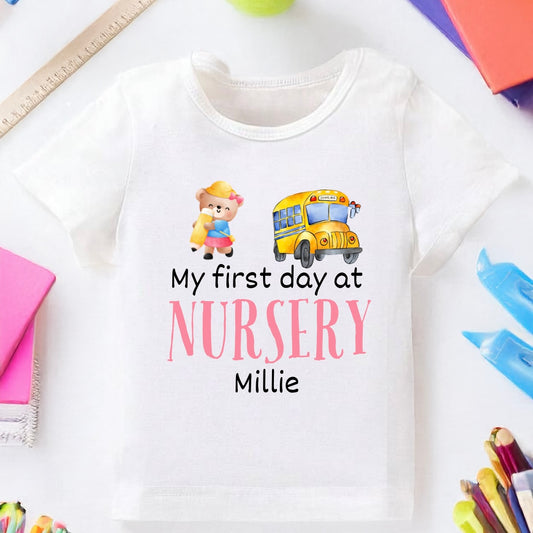 Personalised Pink ‘First Day at Nursery’ Print T-Shirt