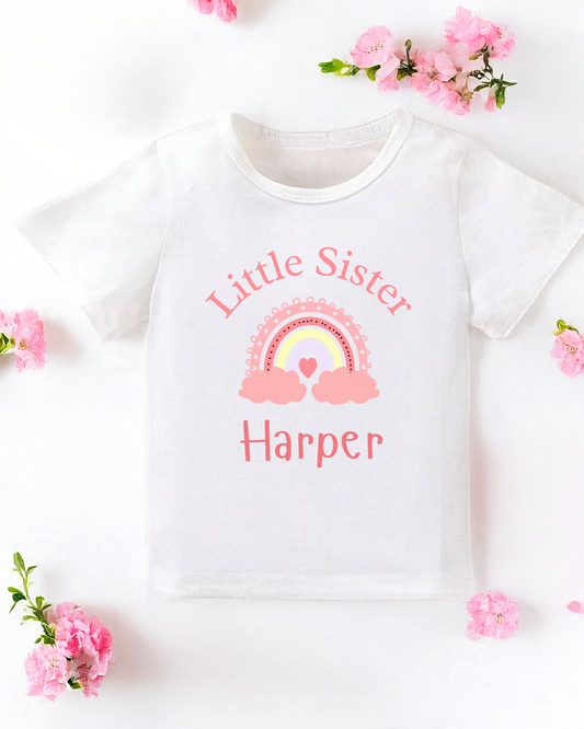 Personalised ‘Little Sister’ Pink Rainbow Print T-Shirt