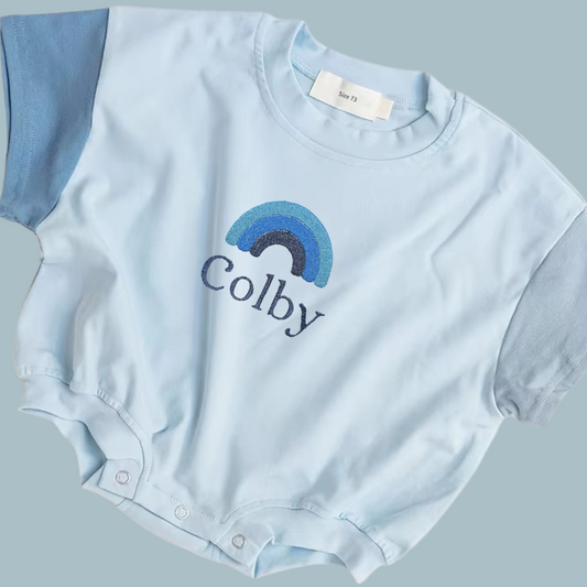 Blue Rainbow Oversized T-Shirt Romper with personalised embroidery - Tiny Treds