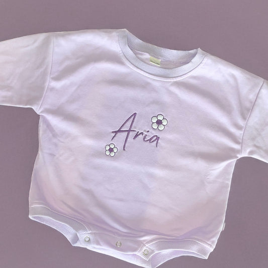 Embroidered Personalised Lilac Sweatshirt Romper with Glitter Flowers