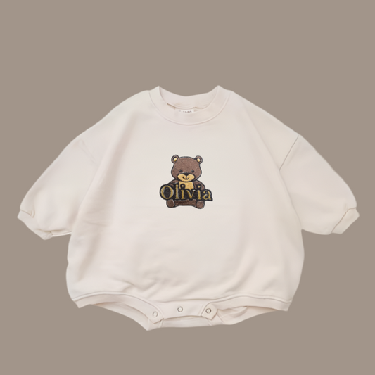 Teddy Sweatshirt Romper with personalised embroidery - Tiny Treds