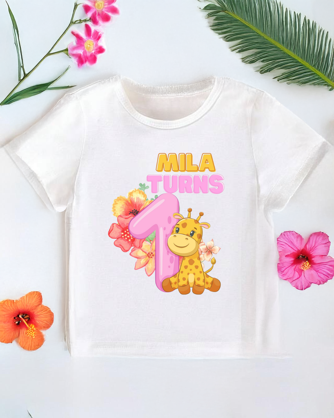 Personalised Tropical Flowers and Giraffe Print First Birthday T-Shirt