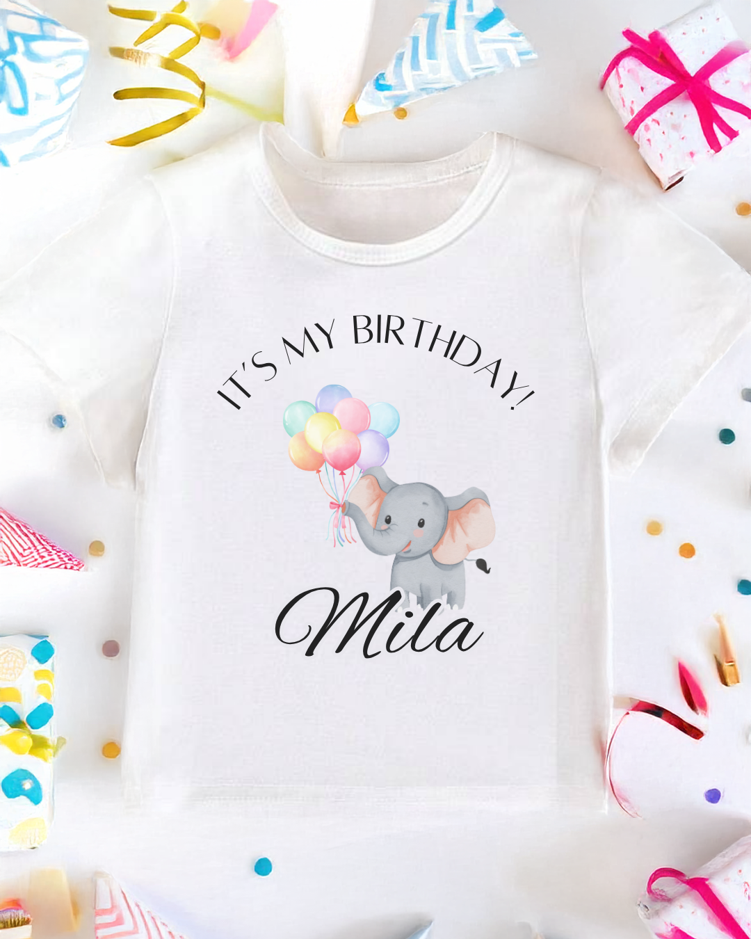 Personalised Elephant Balloon Print First Birthday T-Shirt