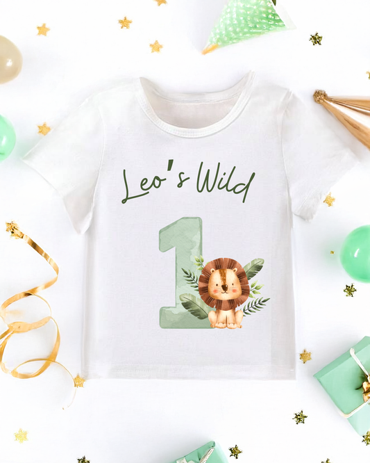 Personalised Wild One Lion Print First Birthday T-Shirt