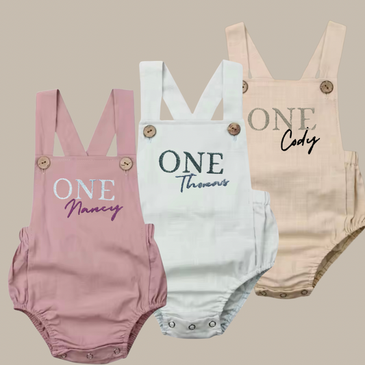 First Birthday Dungaree Romper with embroidered design - Tiny Treds