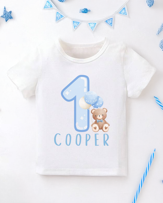 Personalised Blue Teddy Bear Print First Birthday T-Shirt