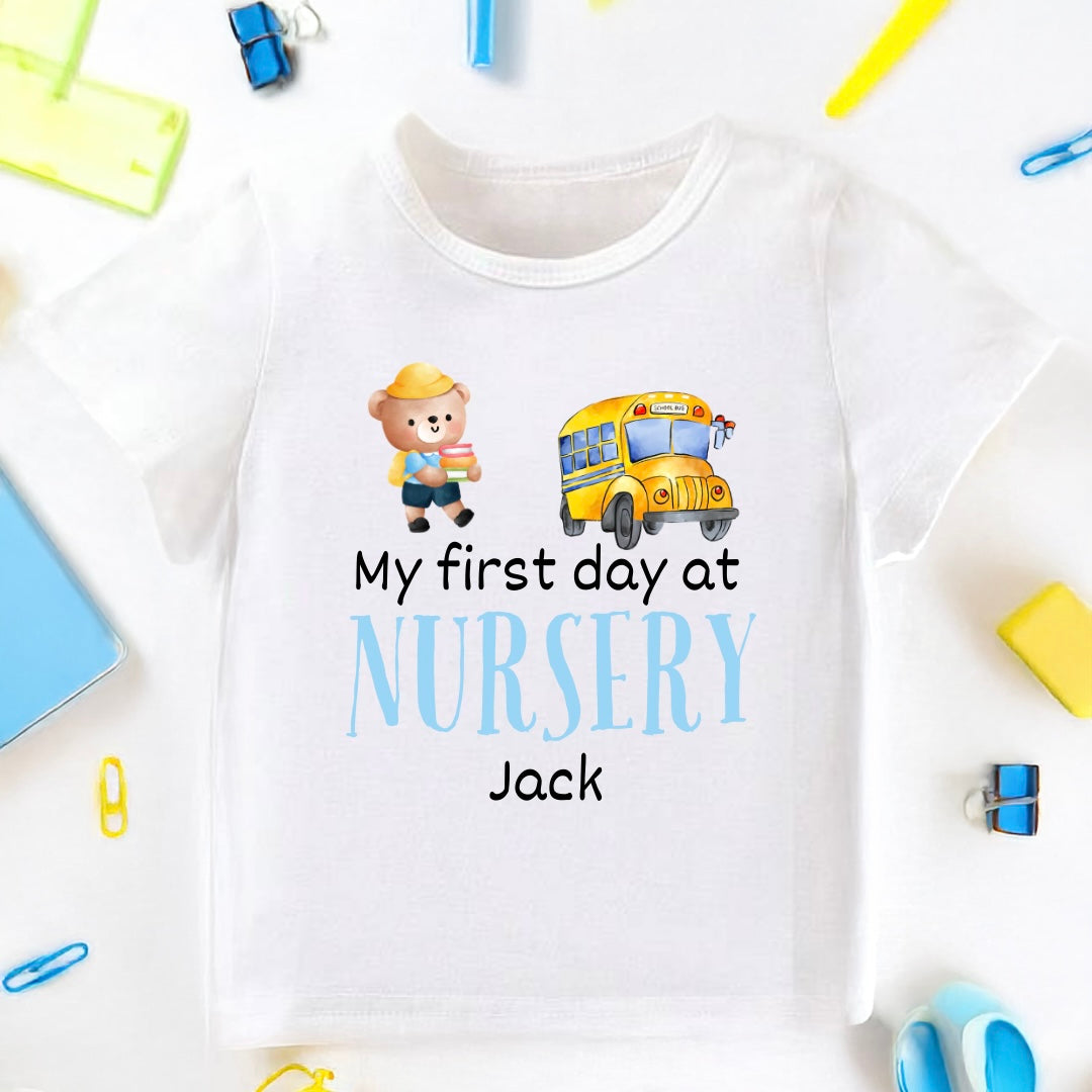 Personalised Blue ‘First Day at Nursery’ Print T-Shirt