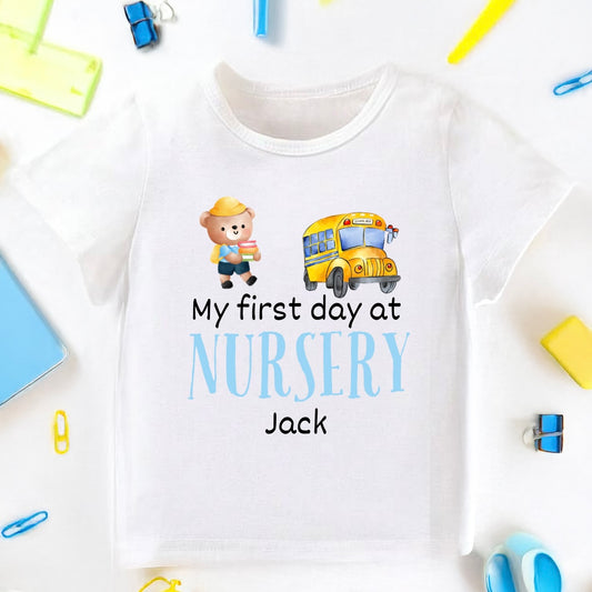 Personalised Blue ‘First Day at Nursery’ Print T-Shirt