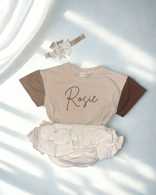 Personalised Beige and Brown Trio Colour Set with Cream Frill Skirt, for Occasions and Birthday